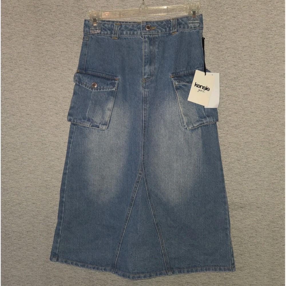 Kensie Girl Midi Skirt Women's Blue Medium Wash Denim 25" Waist Pockets NEW‎
